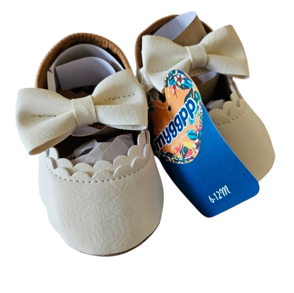 Myggpp Girly Mary Jane Flats Baby Shoes, Cream Size 6-12 Mos.